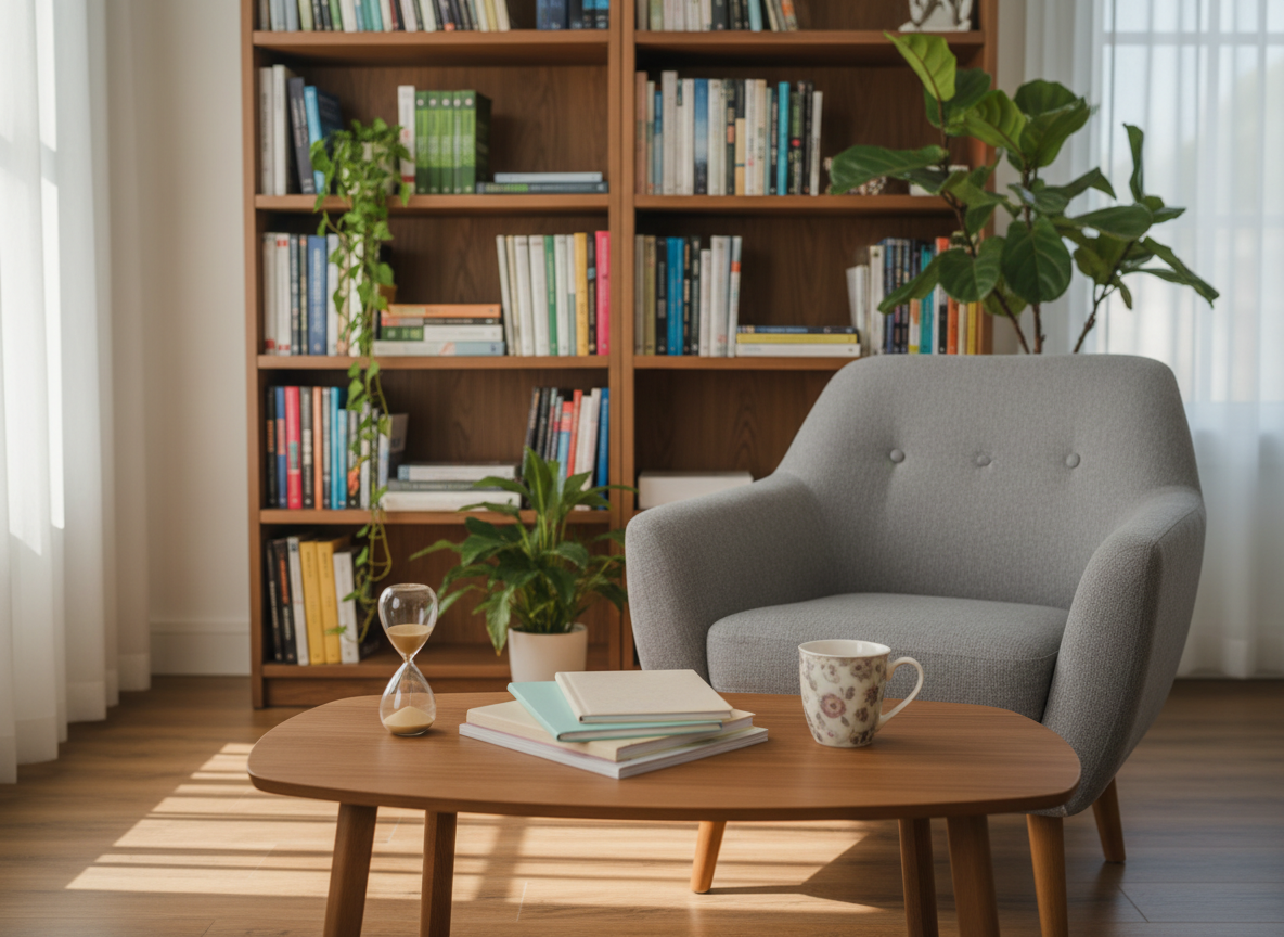 A warmly lit psychologist’s consultation room without any people, featuring a soft grey fabric armchair facing a low oak coffee table with rounded corners. On the table rests a neat stack of pastel-colored notebooks, a ceramic mug of herbal tea, and a small sand timer. Behind, a tall bookcase filled with psychology books and a few leafy green plants adds depth. Natural afternoon light filters through sheer white curtains, creating gentle, elongated shadows and a calm, inviting mood. Photographic realism, shot at eye level with a slightly shallow depth of field so the armchair and table are in crisp focus, while the background softly blurs, emphasizing safety, professionalism, and quiet reflection.