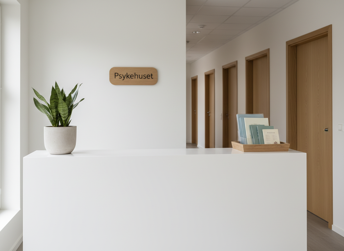 A minimalist reception area for a psychology clinic, completely empty of people, with a clean white reception desk in matte finish and a discreet wooden sign that reads “Psykehuset” in understated sans-serif lettering. A small, healthy green plant in a light concrete pot and a neatly arranged tray of information brochures in muted colors sit on the counter. The background shows a tidy hallway with closed doors in light oak. Soft, diffused daylight floods the space from an unseen window, creating a serene, professional atmosphere. Photographic realism, shot from a slightly elevated angle with sharp focus, highlighting order, confidentiality, and calm welcome.