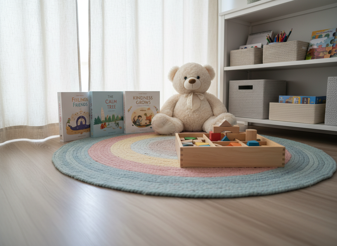 A cozy therapy corner designed for children, with no people present, showing a low, round rug in soft pastel tones spread across a light wooden floor. On the rug sits an open box of neatly arranged wooden blocks, a plush neutral-toned teddy bear, and colorful yet tasteful picture books standing upright. Nearby, a small white bookshelf holds art supplies and puzzles in well-organized baskets. Gentle, overcast daylight enters from a nearby window, softened by pale curtains, creating a safe, comforting mood. Photographic realism, captured from a child’s-eye, low-angle perspective with a shallow depth of field, emphasizing warmth, security, and structured play in psychological care.