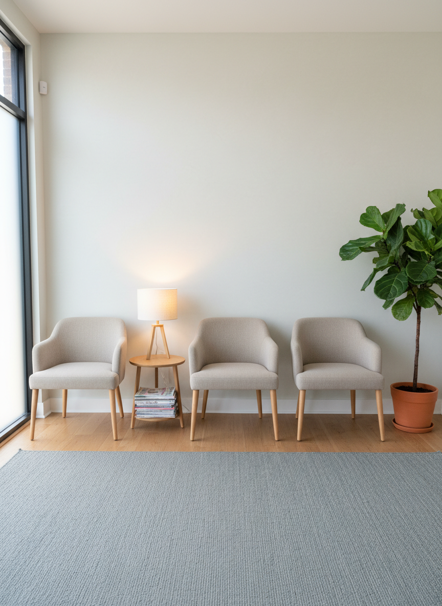 A serene waiting room in a psychology clinic without any people, showing a row of three comfortable chairs in muted beige fabric with wooden legs, spaced generously along a pale, textured wall. A low side table between two chairs holds a curated selection of mental-health magazines and a small, softly glowing table lamp with a fabric shade. A large plant with broad green leaves stands in the corner, adding organic warmth. Natural, diffused daylight from a nearby window blends with the lamp’s warm light, creating a tranquil, reassuring ambiance. Photographic realism, shot from a wide-angle, eye-level perspective with sharp focus, highlighting cleanliness, order, and a sense of unhurried waiting.