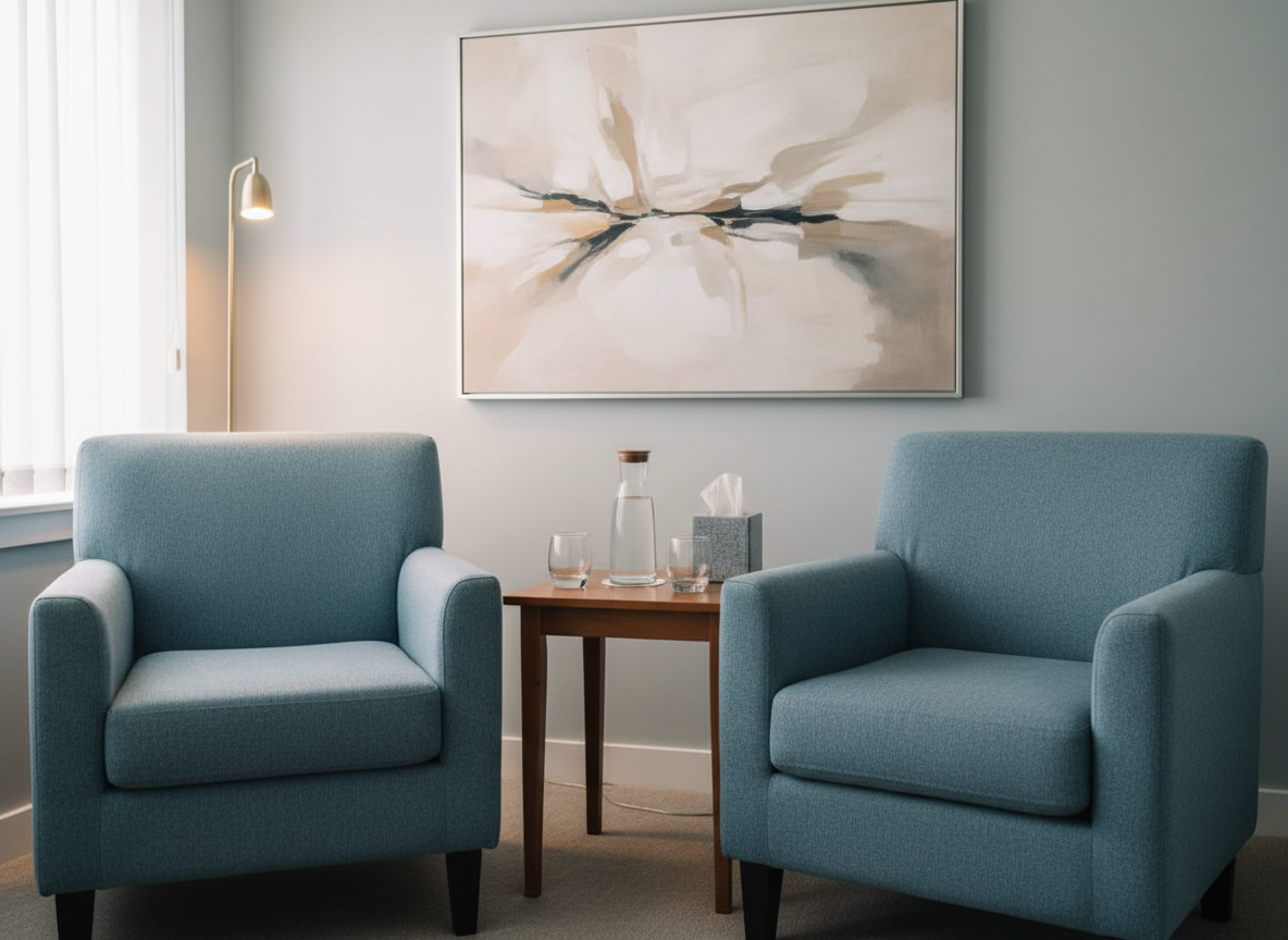 A calm couples-therapy setting without any people, featuring two matching upholstered chairs in a muted blue fabric angled slightly toward each other, separated by a slim wooden side table. On the table rests a single glass carafe of water and two empty, clear glasses, along with a small tissue box in a linen cover. The background includes an abstract, soothing artwork in neutral tones on a light grey wall. Warm, indirect lamp light combines with soft natural daylight from an unseen window, creating a balanced, reassuring glow. Photographic realism, framed using the rule of thirds at eye level, with moderate depth of field to show the entire seating arrangement clearly, conveying balance, dialogue, and respect.